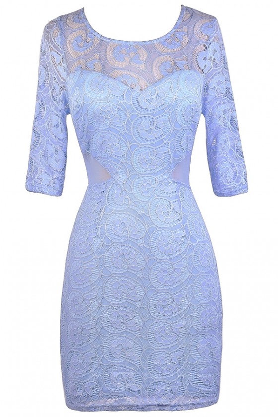 Open Back Mesh Inset Half Sleeve Lace Dress in Sky Blue