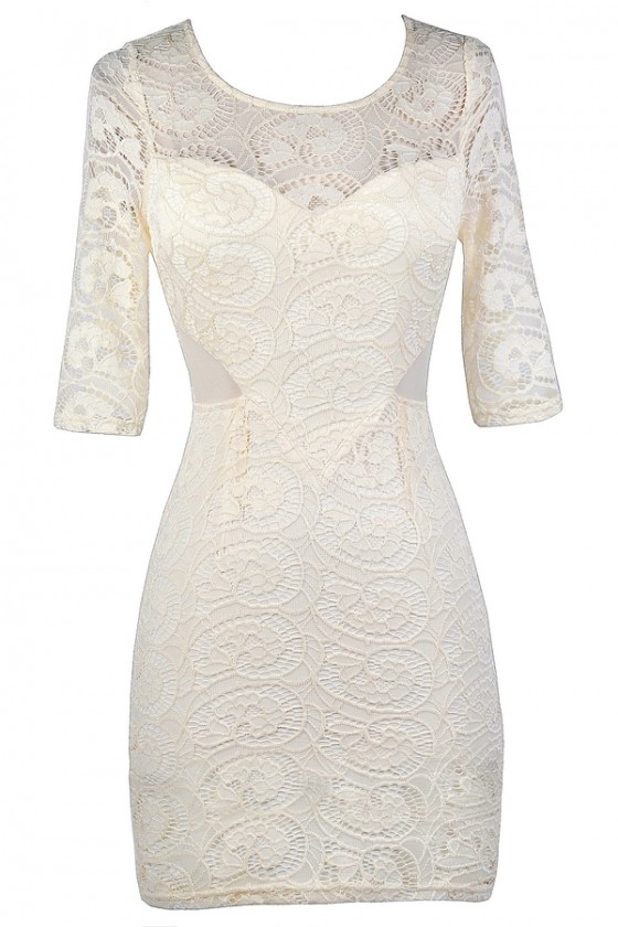 Open Back Mesh Inset Half Sleeve Lace Dress in Cream