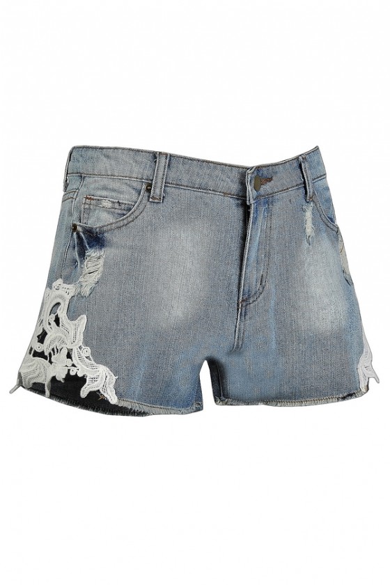 Crochet Lace On The Side Distressed Denim Shorts
