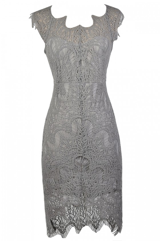 Grey Lace Sheath Dress, Grey Lace High ...