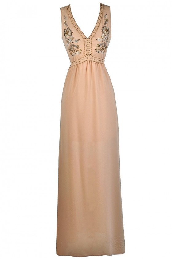 cream beaded maxi dress Aleya Long Sleeve Beaded Dress main image 1