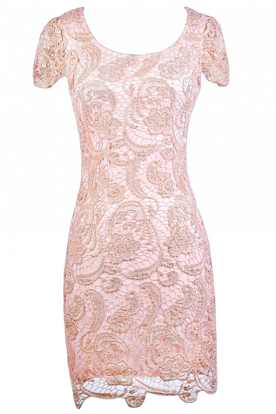 Nila Crochet Lace Capsleeve Pencil Dress In Pale Pink Shimmer Nila Crochet Lace Capsleeve Pencil Dress In Pale Pink Shimmer