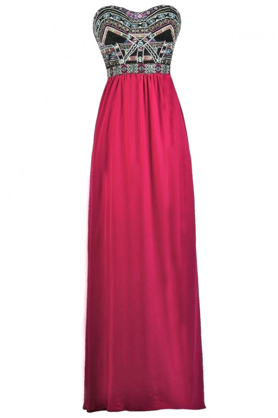 Abundance of Embroidery Strapless Maxi Dress in Magenta