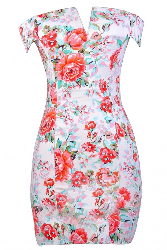 Red Coral and Teal Off Shoulder Floral Print Dress