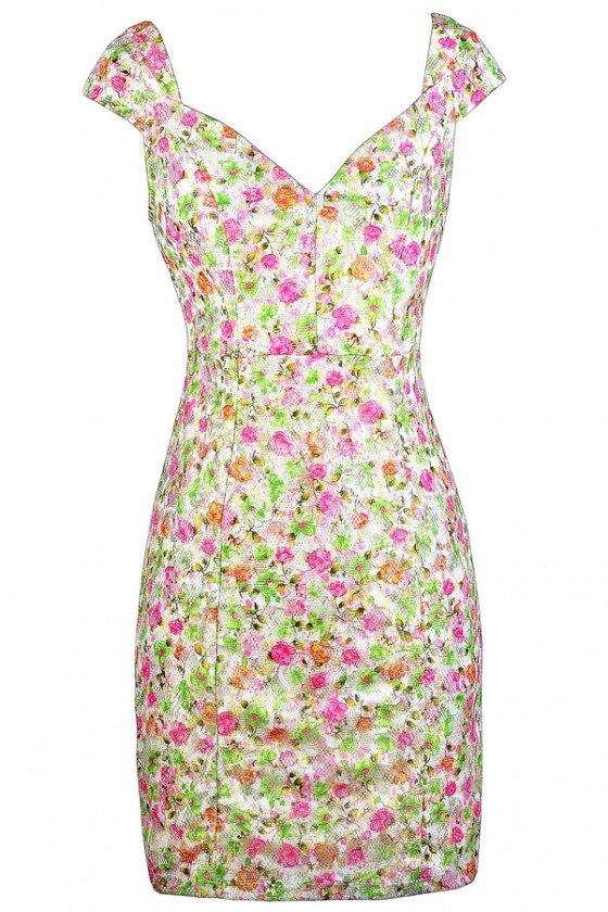 Pink and Green Lace Dress, Floral Print ...