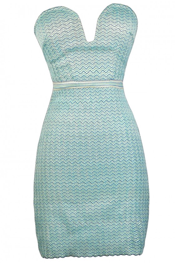 Aqua and Lime Bodycon Dress Chevron Bodycon Dress Cute Party Dress Plunging Neckline Dress Sweetheart Bandage Dress Lily Boutique