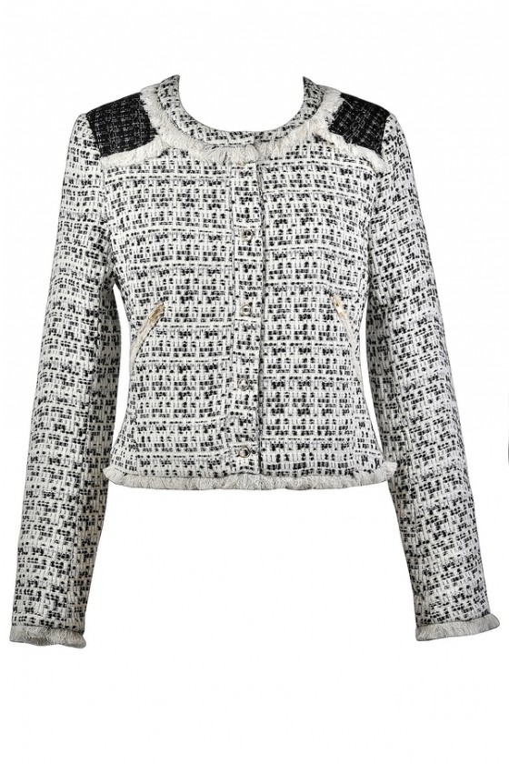 Park Avenue Pretty Ivory and Black Collarless Tweed Jacket