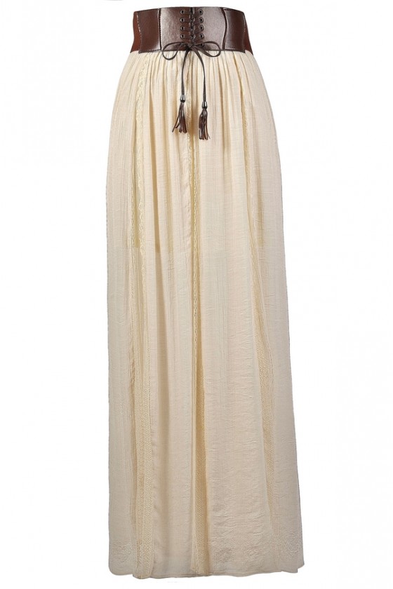 Leatherette Banded Gauzy Lace Panel Maxi Skirt in Cream