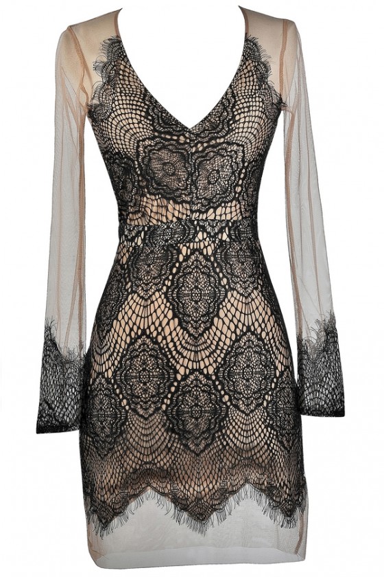 Black and Beige Mesh Lace Dress Cute Black Fitted Dress Lace Cocktail Dress Lace Party Dress Lily Boutique