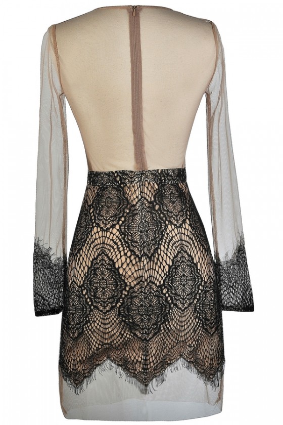 Barely There Lace and Mesh Dress in Black Beige