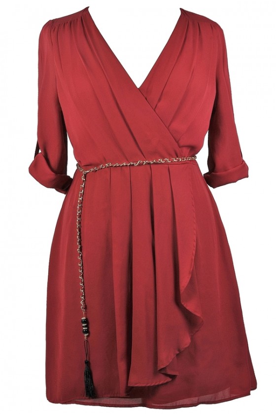 Off The Chain Surplice Chiffon Wrap Dress in Burgundy Plus Size