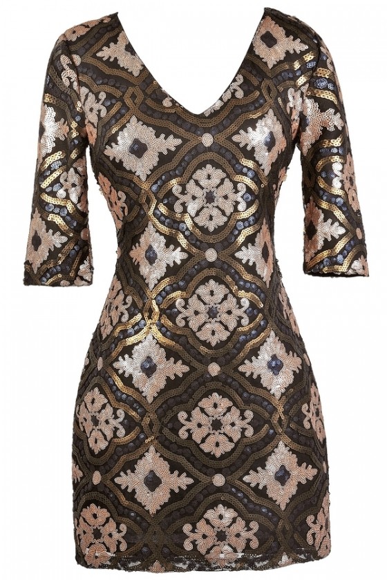 Frost Bite Embellished Sequin Party Dress in Black Gold
