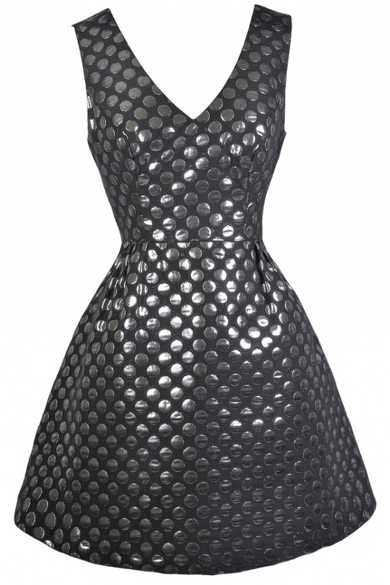 black dress with white polka dots