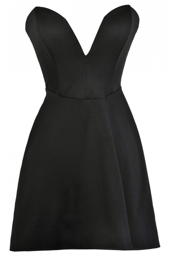 Little Black Dress, Black Plunging Neckline Dress, Black Strapless A-Line  Dress, Black Party Dress Lily Boutique