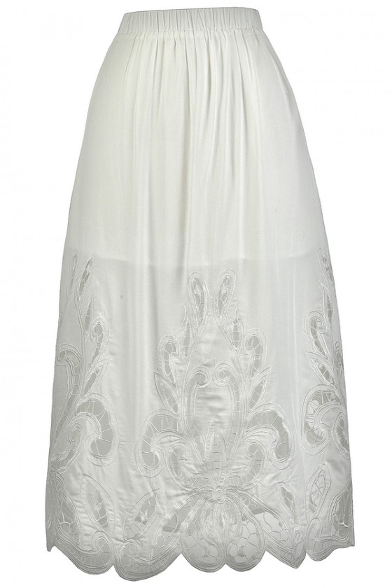 White Lasercut Midi Skirt White Midi Skirt Cute Longer Length White Skirt Lily Boutique