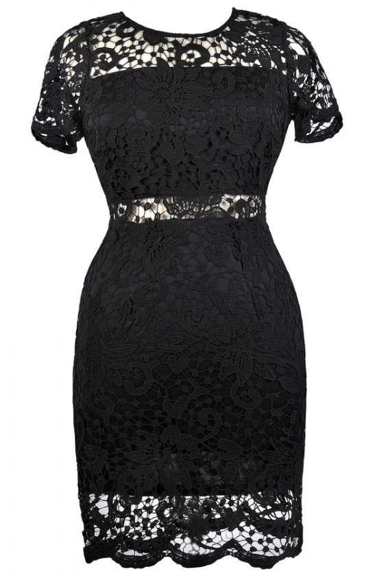 Peekaboo Crochet Lace Sheath Dress in Black Plus Size