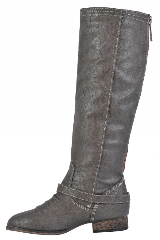 Grey Riding Boots Cute Fall Boots Red Zipper Boots Grey Boots