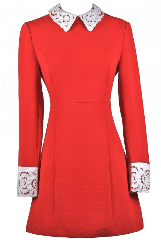 Red dress white lace collar hotsell
