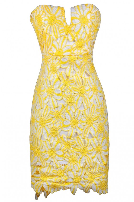 yellow and white lace dress