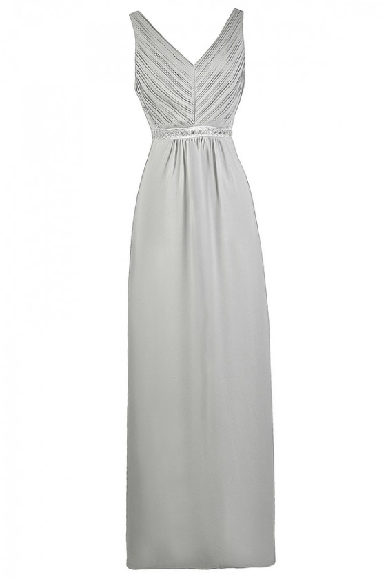 Light grey store maxi bridesmaid dress
