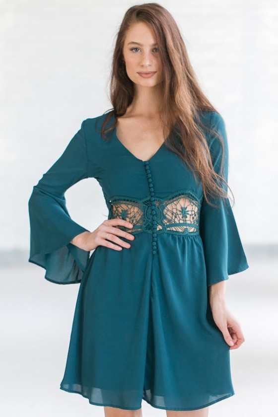 Feels Like A Fairytale Button Front Bell Sleeve Teal Dress