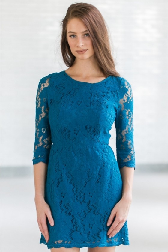 Turquoise Blue Lace Dress, Open Back 