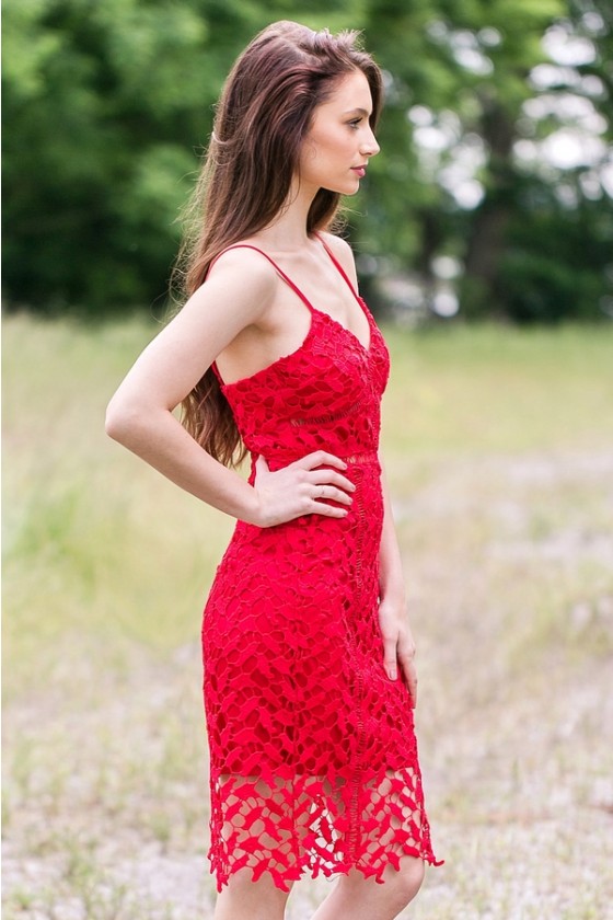 Lipsy crochet lace pencil dress with flippy hem in red deals