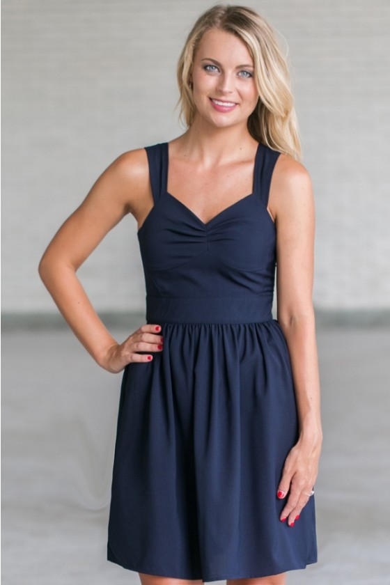 Cute Navy A-Line Boutique Dress, Navy 