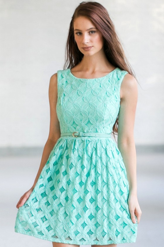 Whimsy and Wonder Petal Lace Belted A Line Dress in Aqua