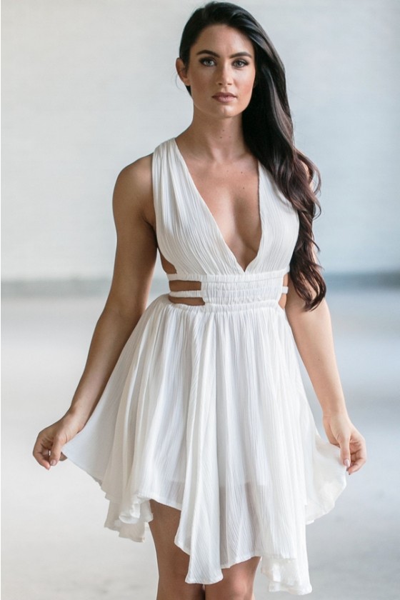 White Cutout A-Line Dress, Sexy White 