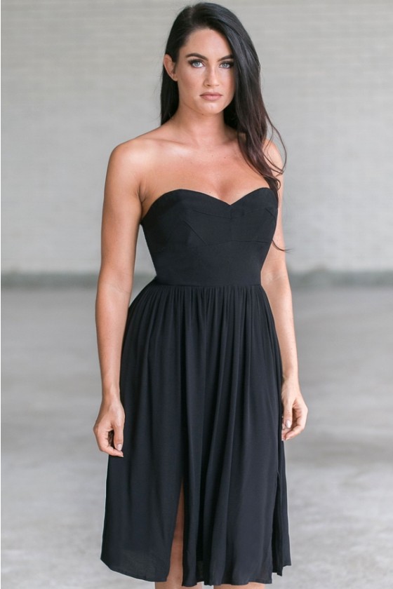 Black Strapless Midi Dress, Cute Black ...