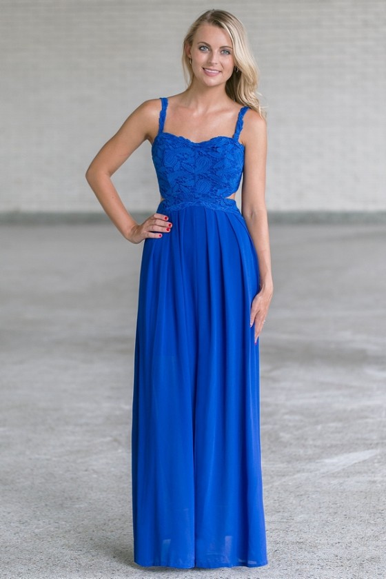 Bright Royal Blue Lace Maxi Dress, Cute 