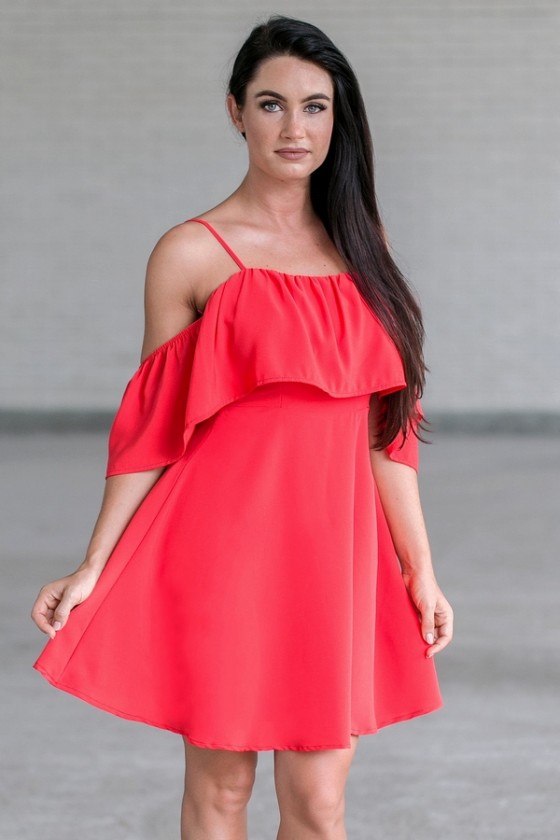 red ruffle shoulder dress