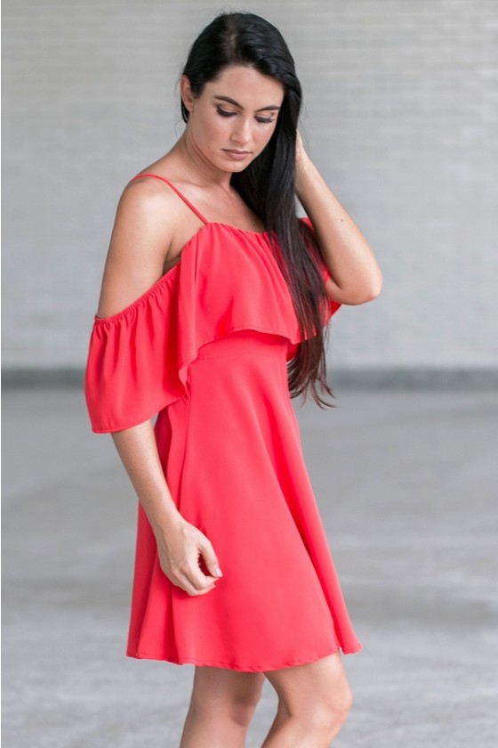 Red ruffle shoulder dress deals
