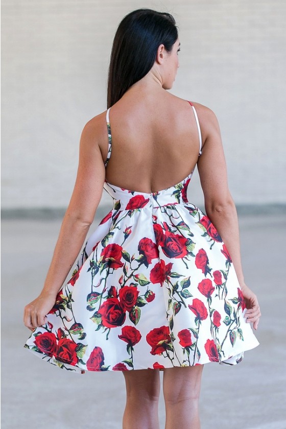 Red and White Rose Print Dress Cute Juniors Party Dress Online