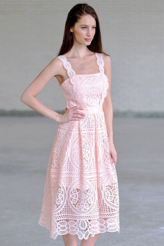 Pink Lace A-Line Midi Dress, Cute Summer Dress Online Lily Boutique