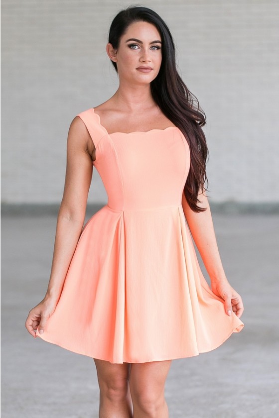 Neon Orange Coral Scallop A Line Party Dress Cute Summer Dress