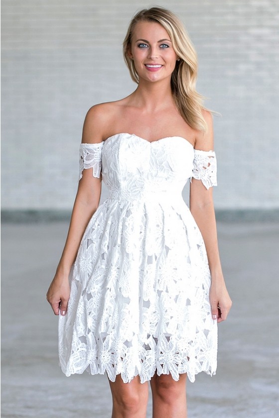 Off White Crochet Lace Off Shoulder Dress Rehearsal Dinner Dress