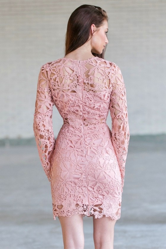 Indie Glam Bell Sleeved Crochet Lace Dress in Rose