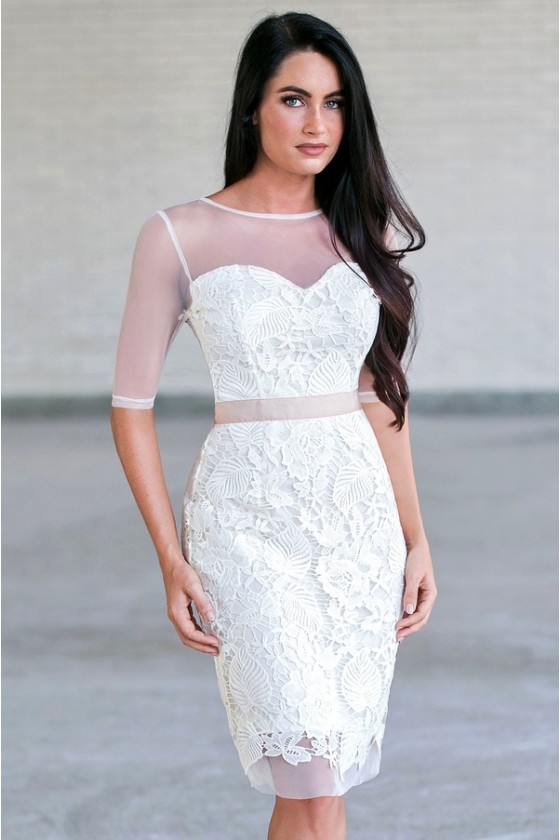 Mesh Connection Crochet Lace Sheath Dress in Ivory