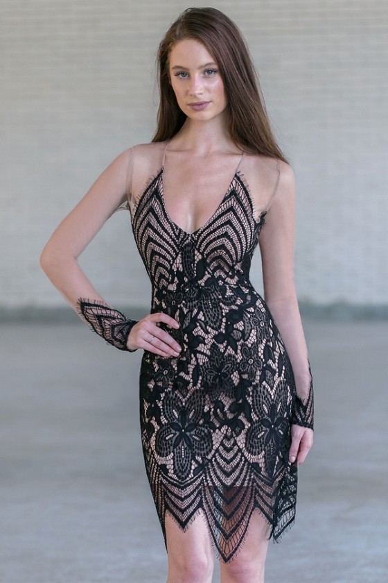 Truth or Bare Lace and Mesh Dress in Beige/Black - Main Image