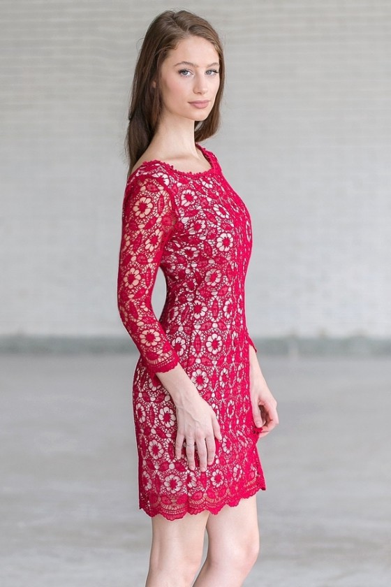 Wine Red Crochet Lace Sheath Dress | Cute Red Lace Cocktail Dress | Lily  Boutique