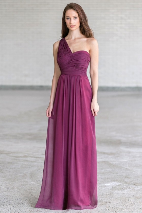 plum off the shoulder bridesmaid dress