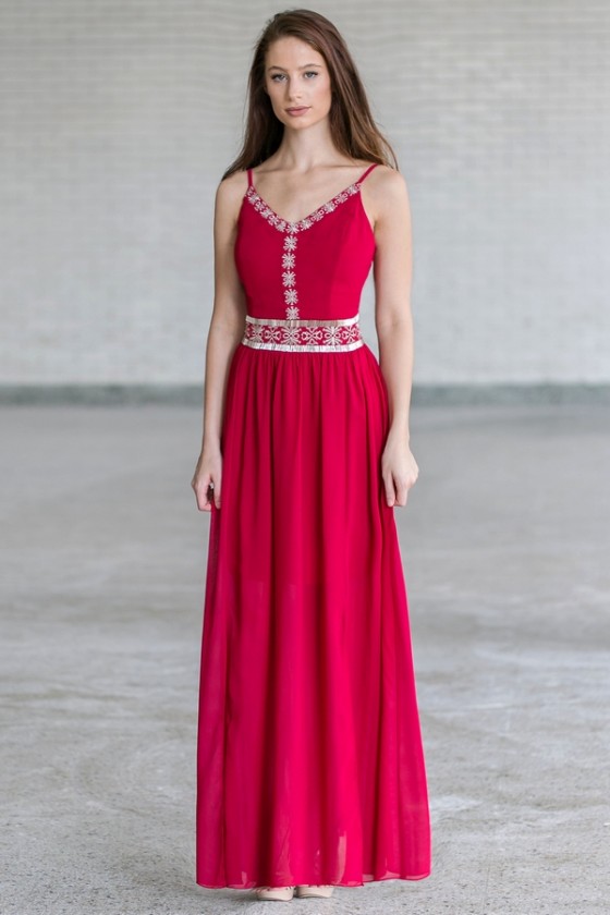 red embellished maxi dress