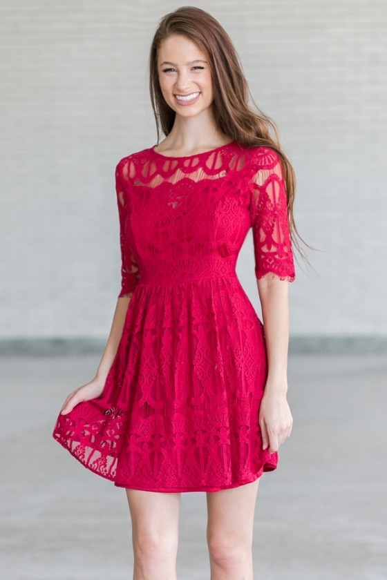 Katherine Lace A Line Dress in Wine Red