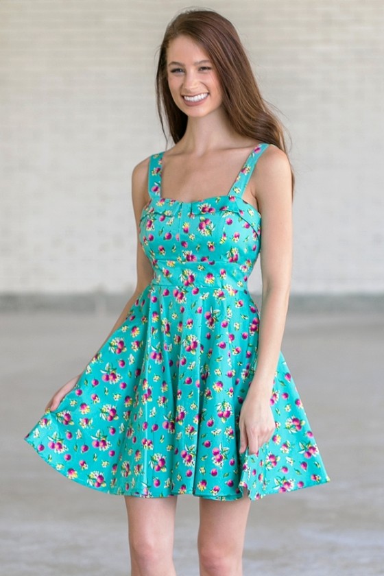 Cheerful Cranberries Teal Printed Fit and Flare Dress