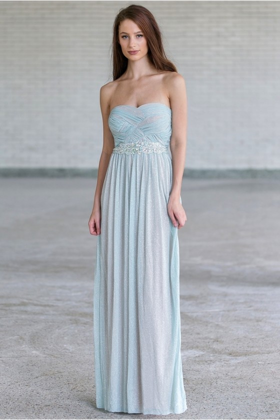 strapless light blue prom dress