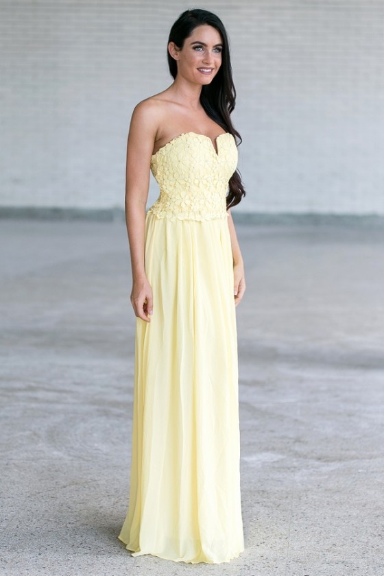 Yellow Crochet Lace Maxi Dress, Cute 