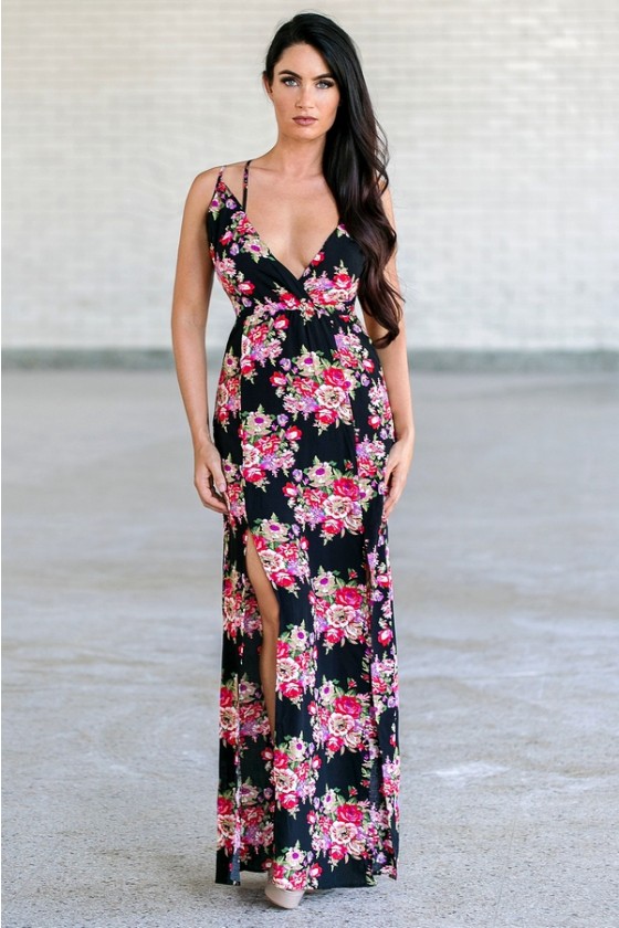 black and pink floral maxi dress