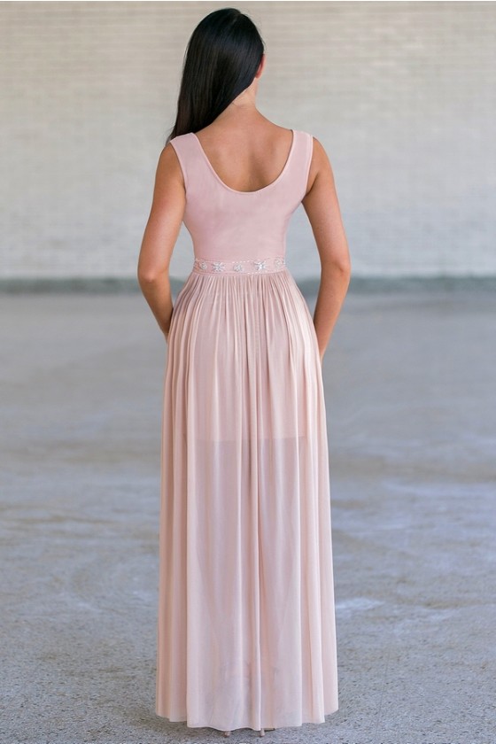 pink dress with pearls